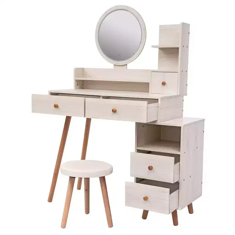 Makeup Vanity Desk with Round Mirror and Lights, Vanity Makeup Table Set, Small Vanity Table for Bedroom with Lots Storage, 3 Lighting Modes, 31.5in