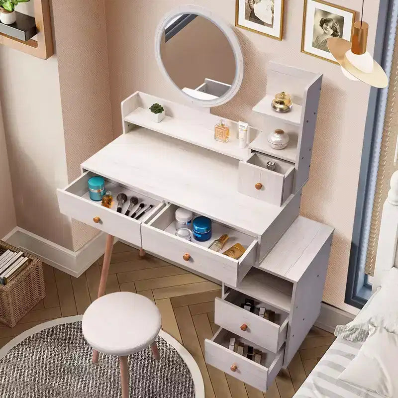 Makeup Vanity Desk with Round Mirror and Lights, Vanity Makeup Table Set, Small Vanity Table for Bedroom with Lots Storage, 3 Lighting Modes, 31.5in