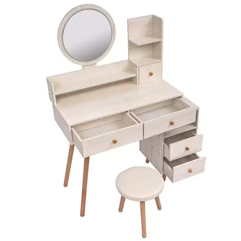 Makeup Vanity Desk with Round Mirror and Lights, Vanity Makeup Table Set, Small Vanity Table for Bedroom with Lots Storage, 3 Lighting Modes, 31.5in