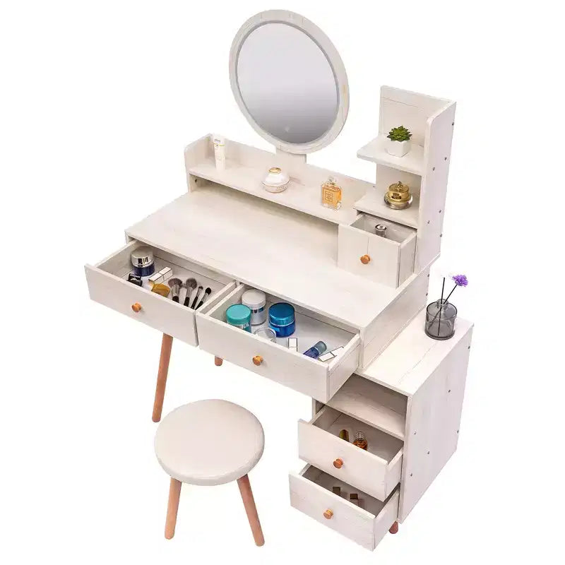 Makeup Vanity Desk with Round Mirror and Lights, Vanity Makeup Table Set, Small Vanity Table for Bedroom with Lots Storage, 3 Lighting Modes, 31.5in