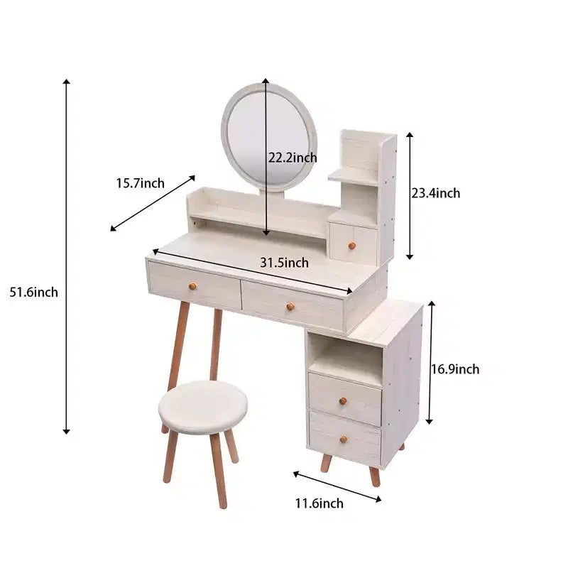 Makeup Vanity Desk with Round Mirror and Lights, Vanity Makeup Table Set, Small Vanity Table for Bedroom with Lots Storage, 3 Lighting Modes, 31.5in