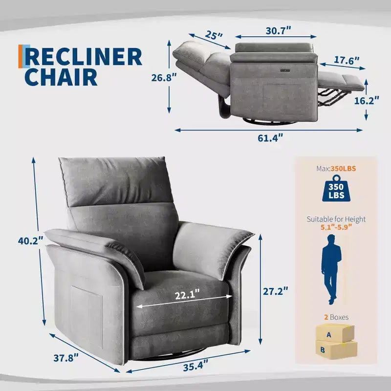 Power Recliner Swivel Rocker: 270 Glider, USB Port, Chenille upholstered , Double Armrests - for Living Room & Nursery