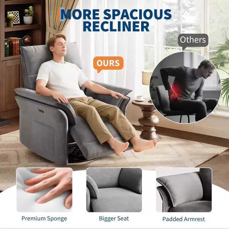 Power Recliner Swivel Rocker: 270 Glider, USB Port, Chenille upholstered , Double Armrests - for Living Room & Nursery