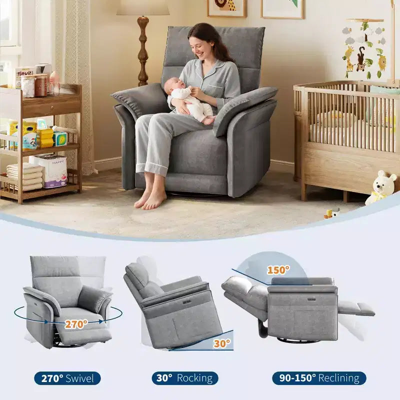 Power Recliner Swivel Rocker: 270 Glider, USB Port, Chenille upholstered , Double Armrests - for Living Room & Nursery