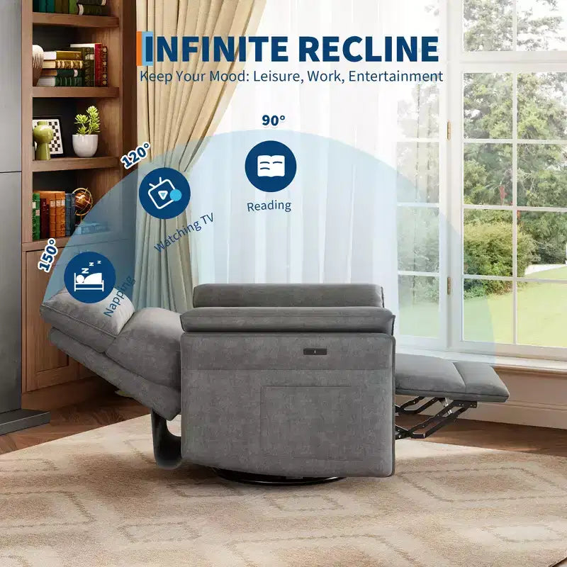 Power Recliner Swivel Rocker: 270 Glider, USB Port, Chenille upholstered , Double Armrests - for Living Room & Nursery