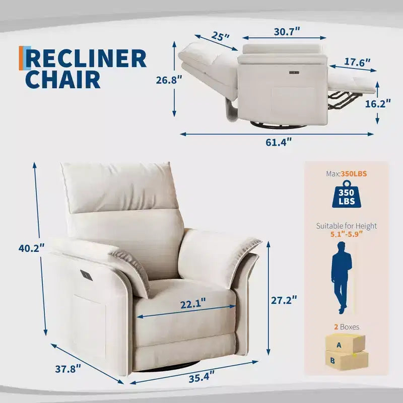 Power Recliner Swivel Rocker: 270 Glider, USB Port, Chenille upholstered , Double Armrests - for Living Room & Nursery