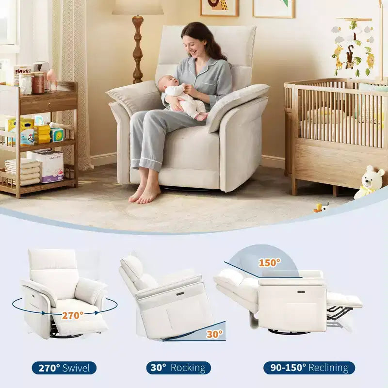 Power Recliner Swivel Rocker: 270 Glider, USB Port, Chenille upholstered , Double Armrests - for Living Room & Nursery