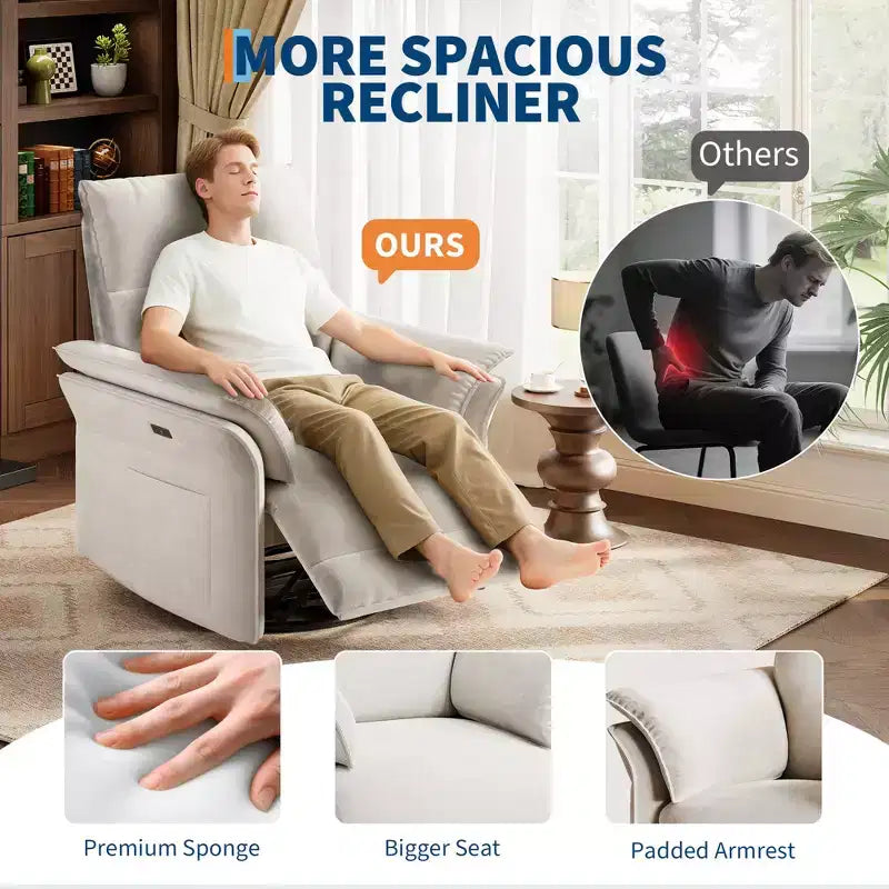Power Recliner Swivel Rocker: 270 Glider, USB Port, Chenille upholstered , Double Armrests - for Living Room & Nursery