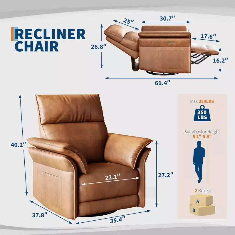Power Recliner Swivel Rocker: 270 Glider, USB Port, Chenille upholstered , Double Armrests - for Living Room & Nursery