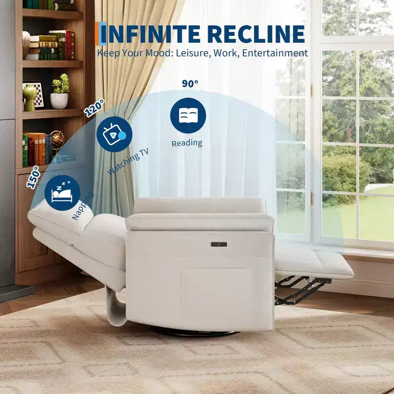 Power Recliner Swivel Rocker: 270 Glider, USB Port, Chenille upholstered , Double Armrests - for Living Room & Nursery