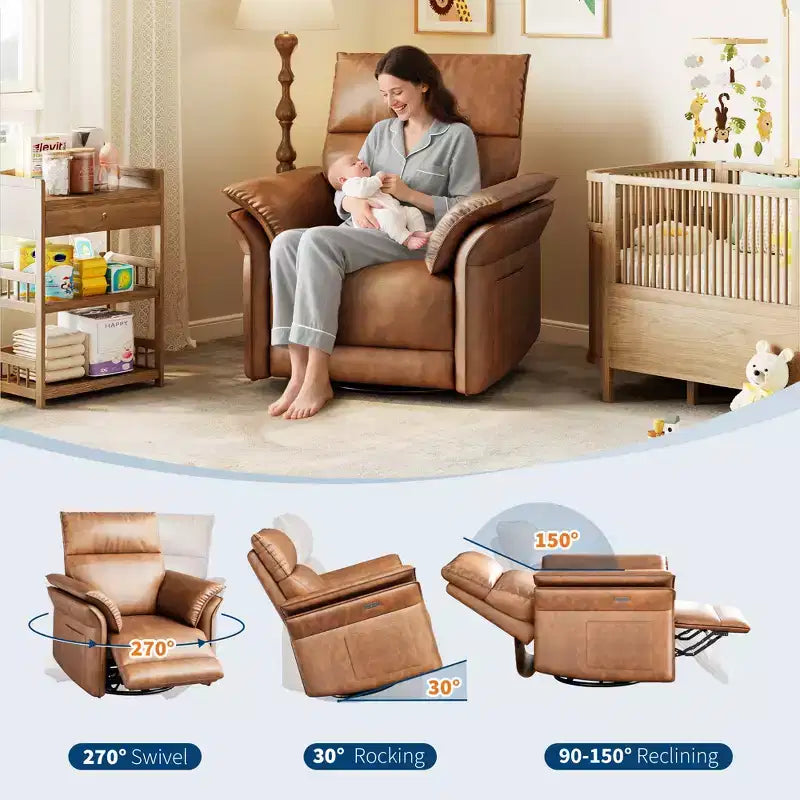 Power Recliner Swivel Rocker: 270 Glider, USB Port, Chenille upholstered , Double Armrests - for Living Room & Nursery
