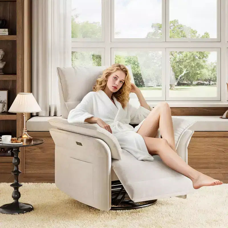 Power Recliner Swivel Rocker: 270 Glider, USB Port, Chenille upholstered , Double Armrests - for Living Room & Nursery