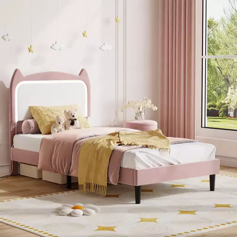Velvet Upholstered Cat Headboard Platform Bed for Kid- Sturdy Wood Slats, No Box Spring Needed, App & Remote Contro