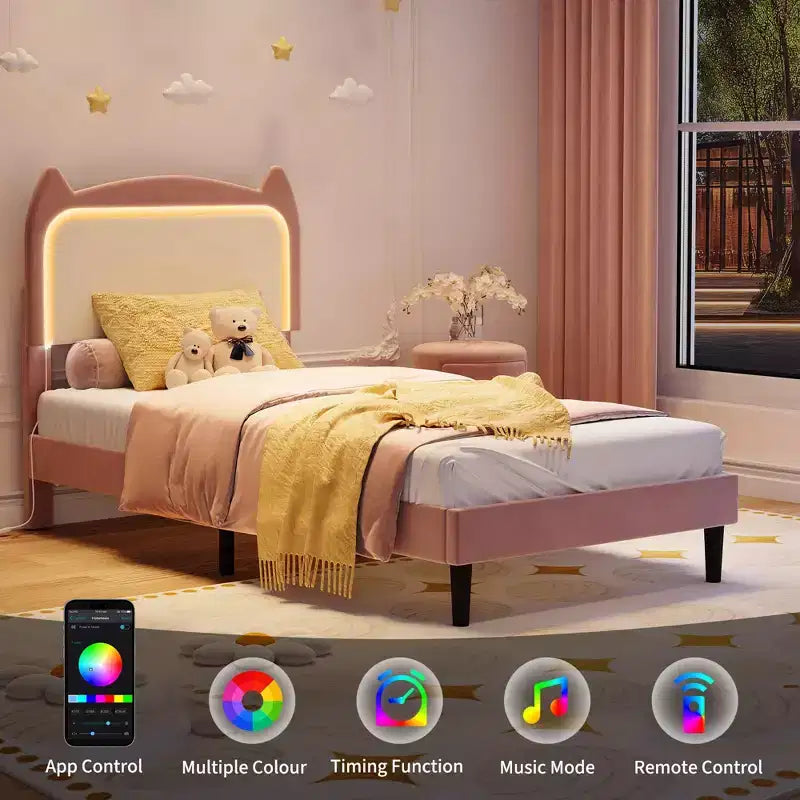Velvet Upholstered Cat Headboard Platform Bed for Kid- Sturdy Wood Slats, No Box Spring Needed, App & Remote Contro