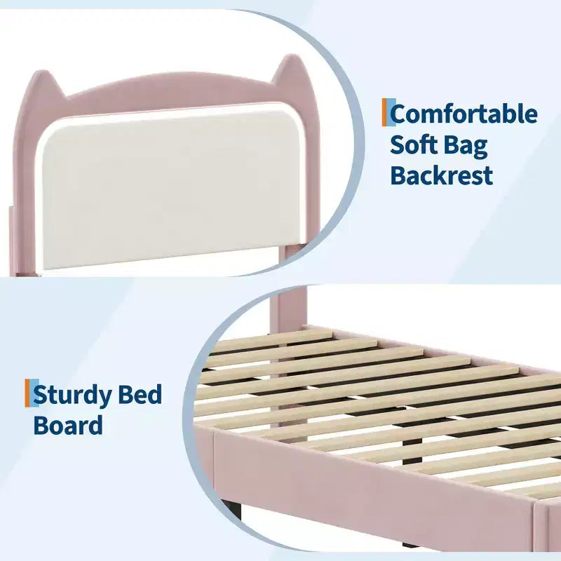 Velvet Upholstered Cat Headboard Platform Bed for Kid- Sturdy Wood Slats, No Box Spring Needed, App & Remote Contro