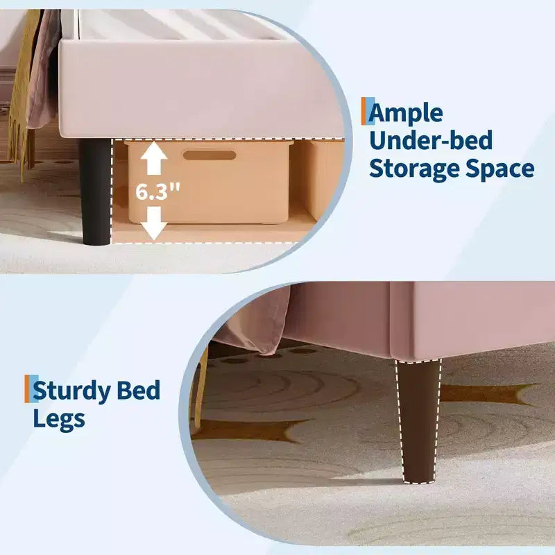 Velvet Upholstered Cat Headboard Platform Bed for Kid- Sturdy Wood Slats, No Box Spring Needed, App & Remote Contro