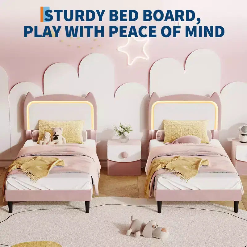 Velvet Upholstered Cat Headboard Platform Bed for Kid- Sturdy Wood Slats, No Box Spring Needed, App & Remote Contro