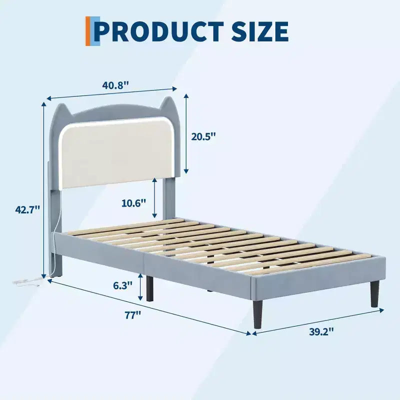 Velvet Upholstered Cat Headboard Platform Bed for Kid- Sturdy Wood Slats, No Box Spring Needed, App & Remote Contro