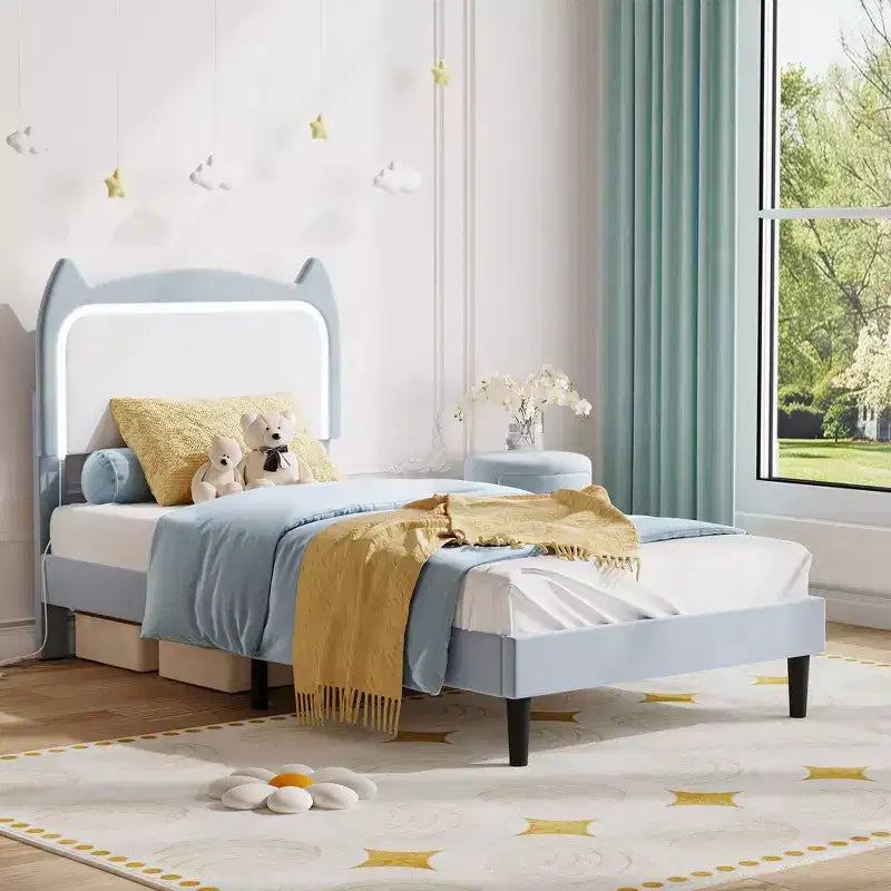Velvet Upholstered Cat Headboard Platform Bed for Kid- Sturdy Wood Slats, No Box Spring Needed, App & Remote Contro