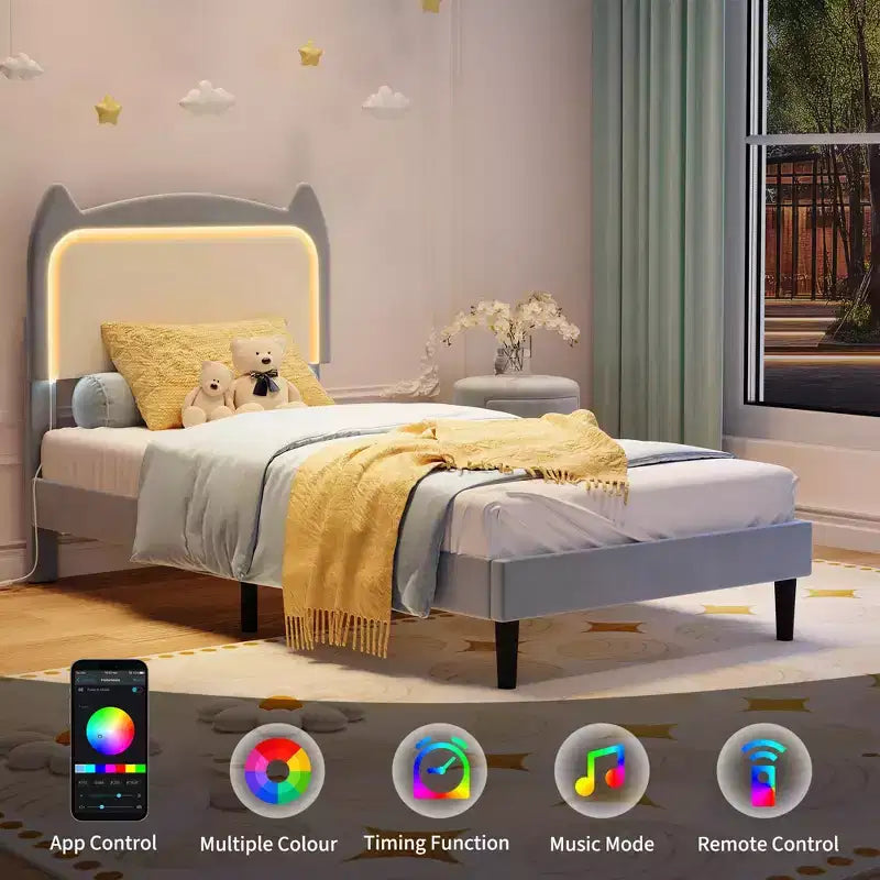 Velvet Upholstered Cat Headboard Platform Bed for Kid- Sturdy Wood Slats, No Box Spring Needed, App & Remote Contro