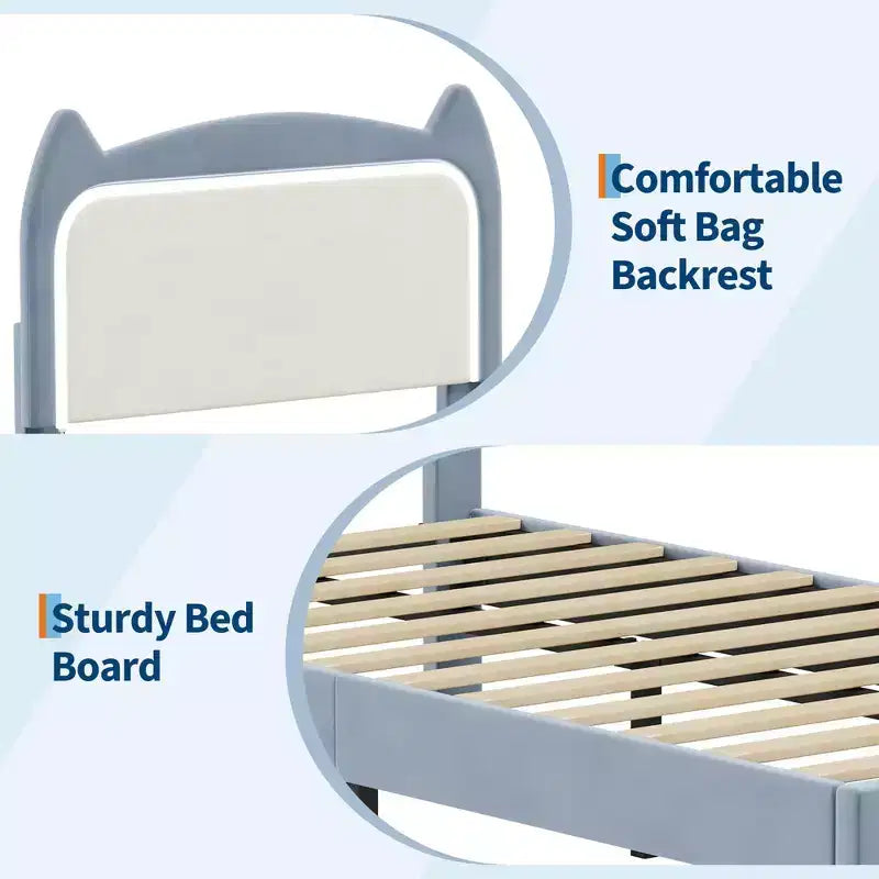 Velvet Upholstered Cat Headboard Platform Bed for Kid- Sturdy Wood Slats, No Box Spring Needed, App & Remote Contro