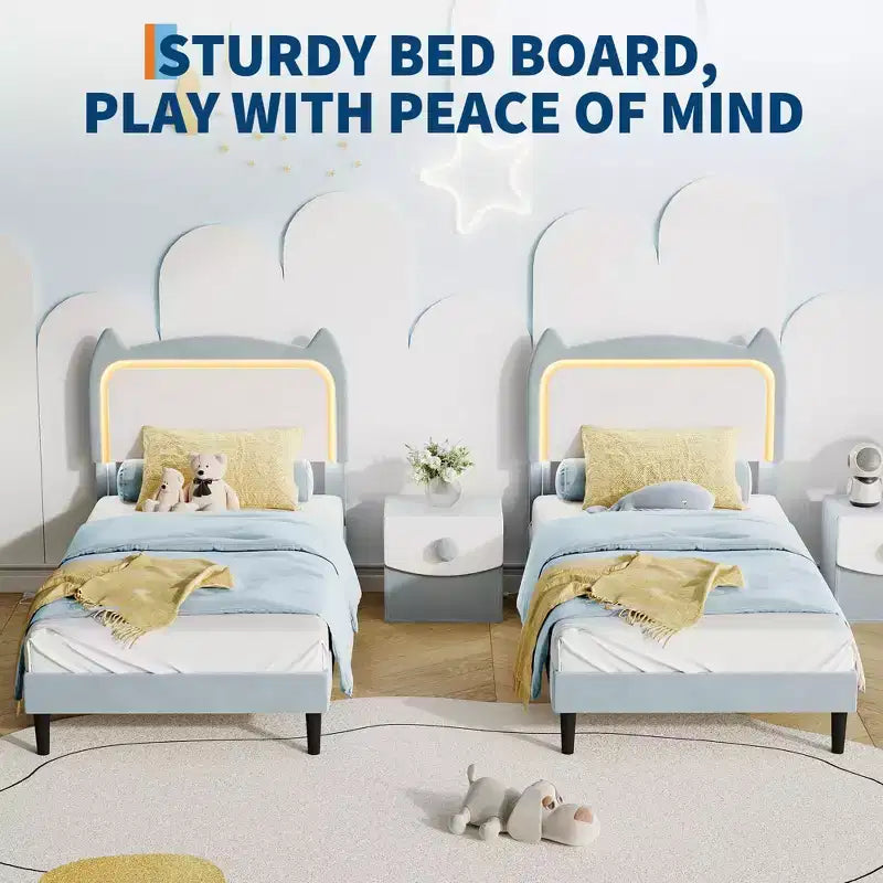 Velvet Upholstered Cat Headboard Platform Bed for Kid- Sturdy Wood Slats, No Box Spring Needed, App & Remote Contro