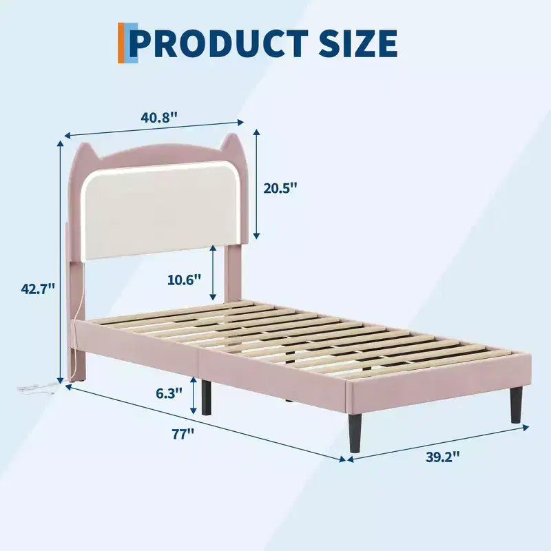 Velvet Upholstered Cat Headboard Platform Bed for Kid- Sturdy Wood Slats, No Box Spring Needed, App & Remote Contro
