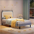 Velvet Upholstered Cat Headboard Platform Bed for Kid- Sturdy Wood Slats, No Box Spring Needed, App & Remote Contro