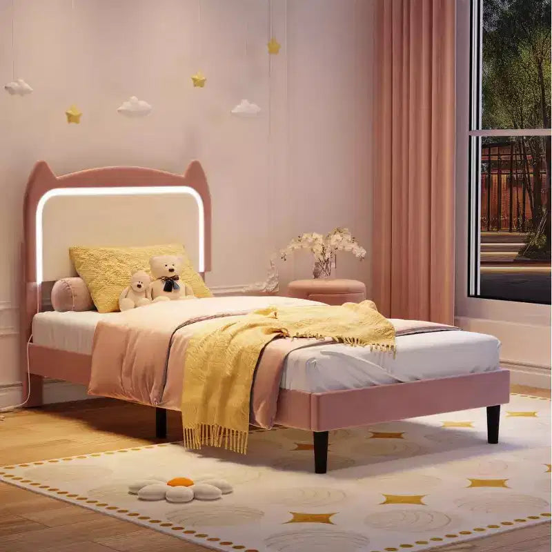 Velvet Upholstered Cat Headboard Platform Bed for Kid- Sturdy Wood Slats, No Box Spring Needed, App & Remote Contro