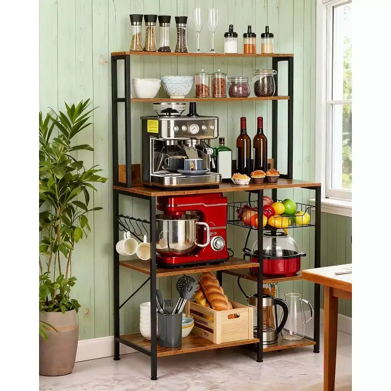 Kitchen Bakers Rack with Power Outlet, Microwave Oven Stand with Storage 4 Tiers, Coffee Bar Table with 5 S Hooks