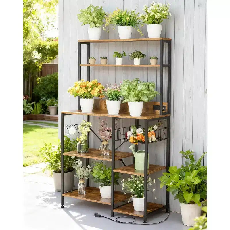 Kitchen Bakers Rack with Power Outlet, Microwave Oven Stand with Storage 4 Tiers, Coffee Bar Table with 5 S Hooks