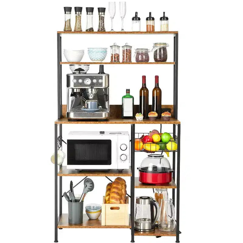 Kitchen Bakers Rack with Power Outlet, Microwave Oven Stand with Storage 4 Tiers, Coffee Bar Table with 5 S Hooks