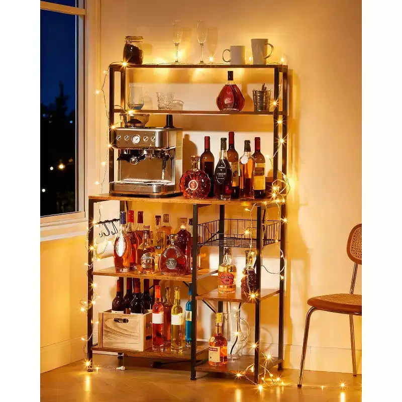 Kitchen Bakers Rack with Power Outlet, Microwave Oven Stand with Storage 4 Tiers, Coffee Bar Table with 5 S Hooks