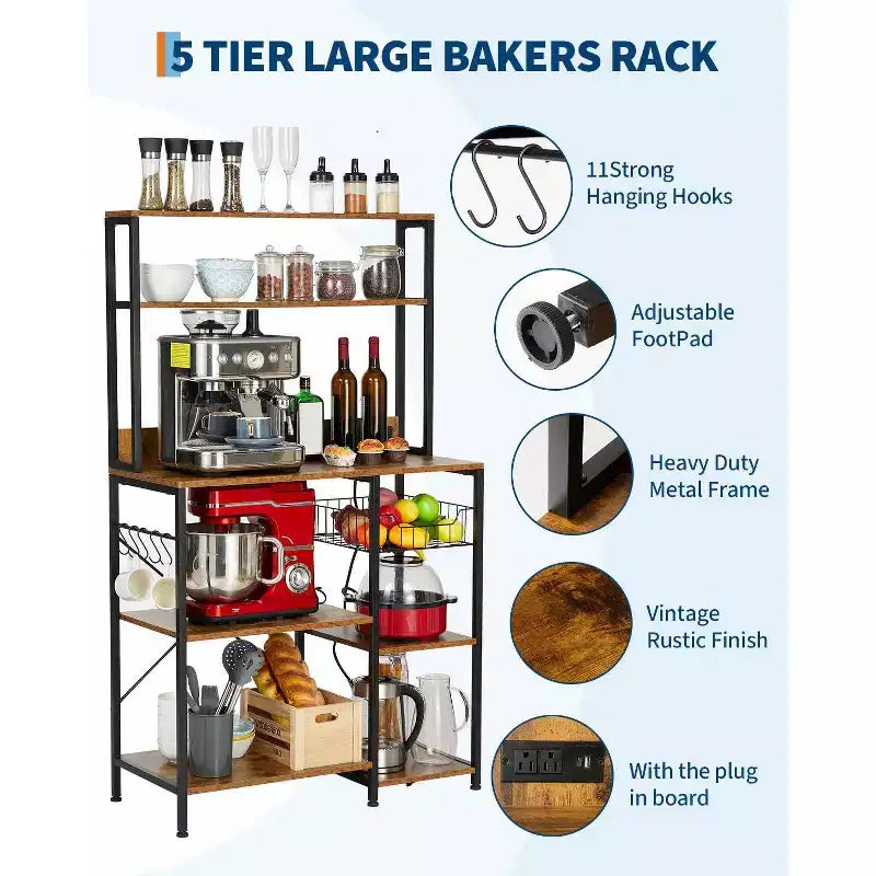 Kitchen Bakers Rack with Power Outlet, Microwave Oven Stand with Storage 4 Tiers, Coffee Bar Table with 5 S Hooks