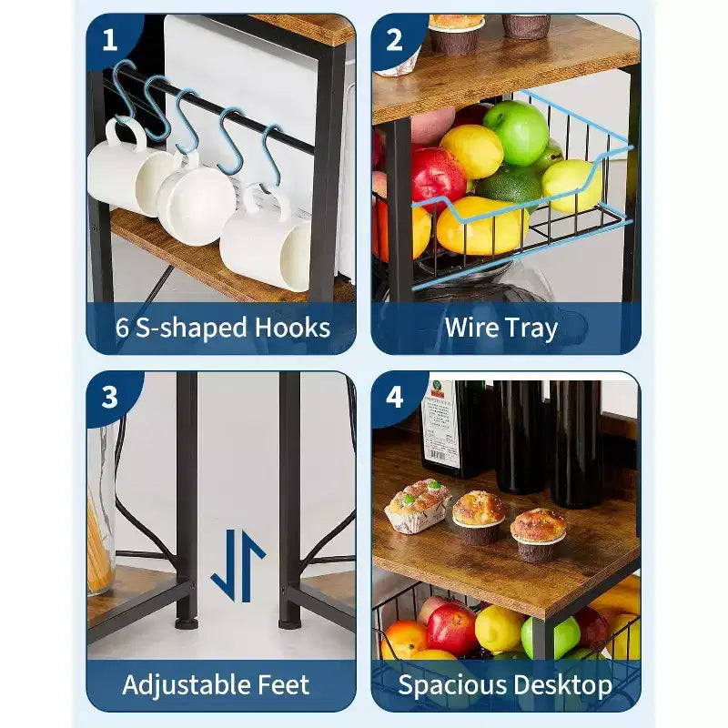 Kitchen Bakers Rack with Power Outlet, Microwave Oven Stand with Storage 4 Tiers, Coffee Bar Table with 5 S Hooks
