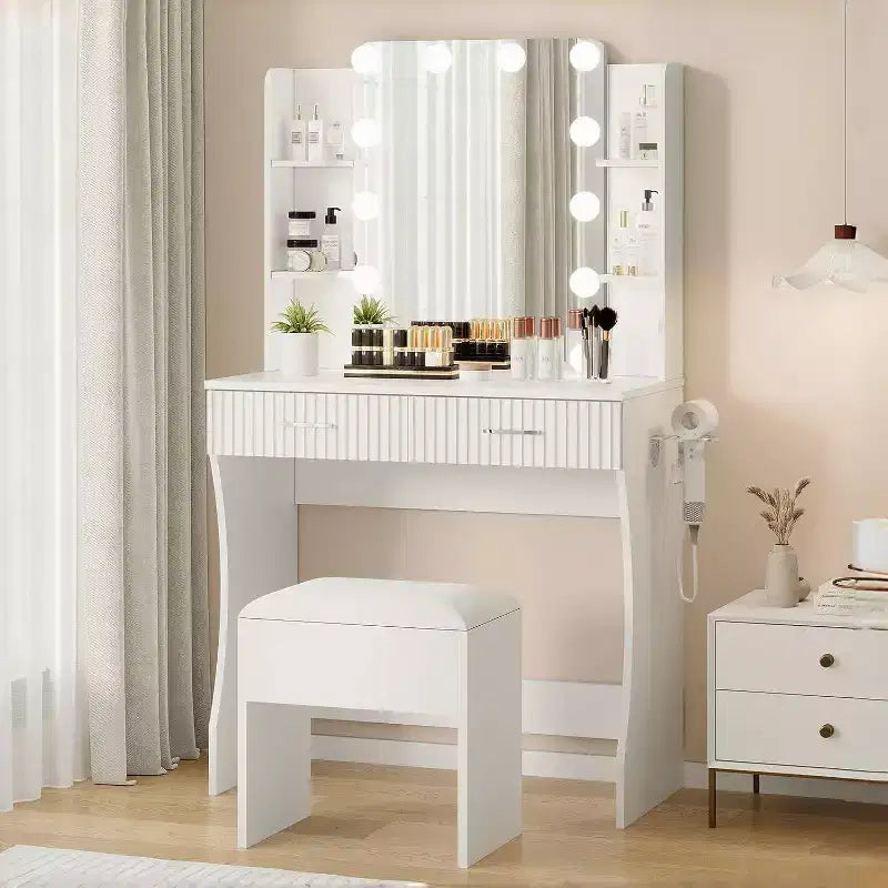 Makeup Vanity Desk with Mirror,Vanity Table with Power Outlet, 2 Drawers 6 Shelves, Hair Dryer Holder,Stool, Dressing Table with Storage for Bedroom