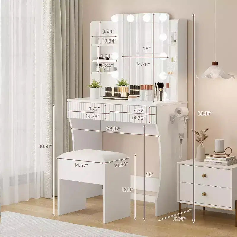 Makeup Vanity Desk with Mirror,Vanity Table with Power Outlet, 2 Drawers 6 Shelves, Hair Dryer Holder,Stool, Dressing Table with Storage for Bedroom