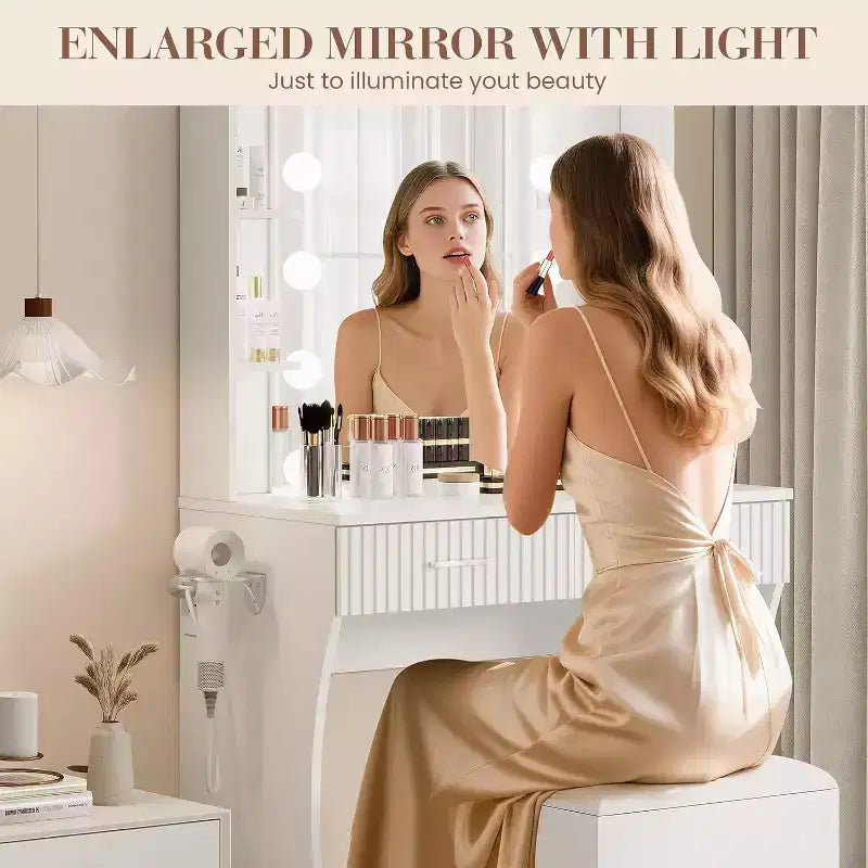 Makeup Vanity Desk with Mirror,Vanity Table with Power Outlet, 2 Drawers 6 Shelves, Hair Dryer Holder,Stool, Dressing Table with Storage for Bedroom