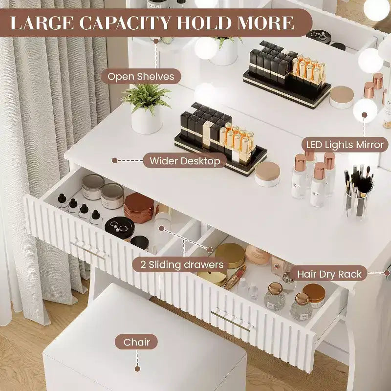 Makeup Vanity Desk with Mirror,Vanity Table with Power Outlet, 2 Drawers 6 Shelves, Hair Dryer Holder,Stool, Dressing Table with Storage for Bedroom