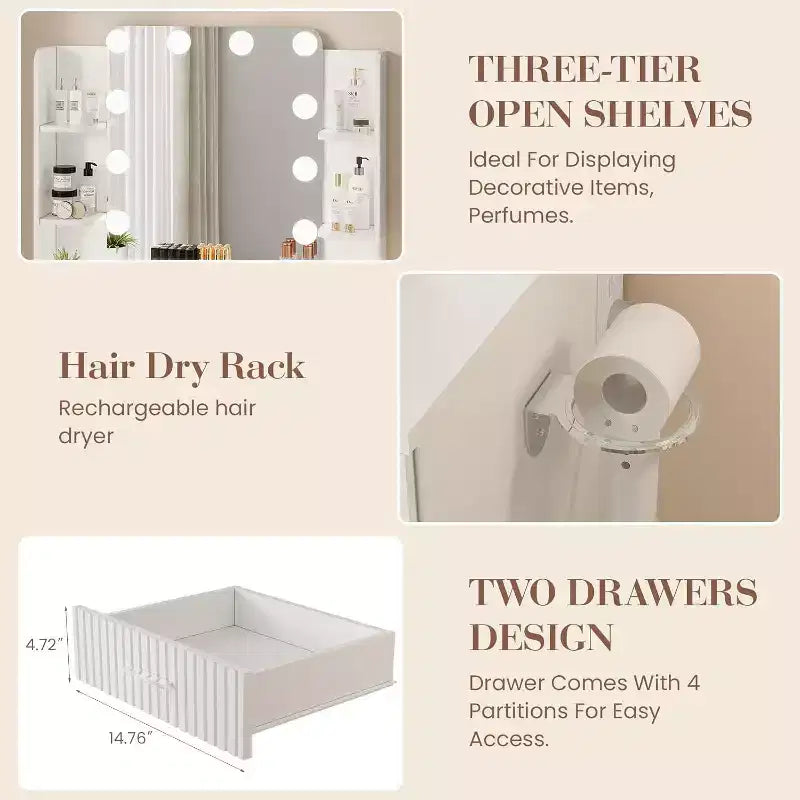 Makeup Vanity Desk with Mirror,Vanity Table with Power Outlet, 2 Drawers 6 Shelves, Hair Dryer Holder,Stool, Dressing Table with Storage for Bedroom