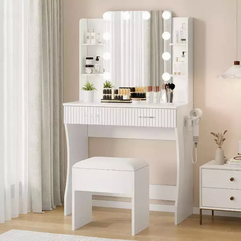 Makeup Vanity Desk with Mirror,Vanity Table with Power Outlet, 2 Drawers 6 Shelves, Hair Dryer Holder,Stool, Dressing Table with Storage for Bedroom