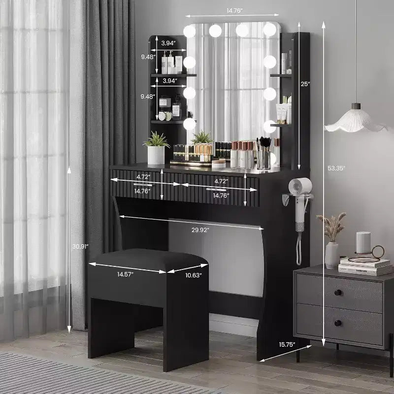 Makeup Vanity Desk with Mirror,Vanity Table with Power Outlet, 2 Drawers 6 Shelves, Hair Dryer Holder,Stool, Dressing Table with Storage for Bedroom