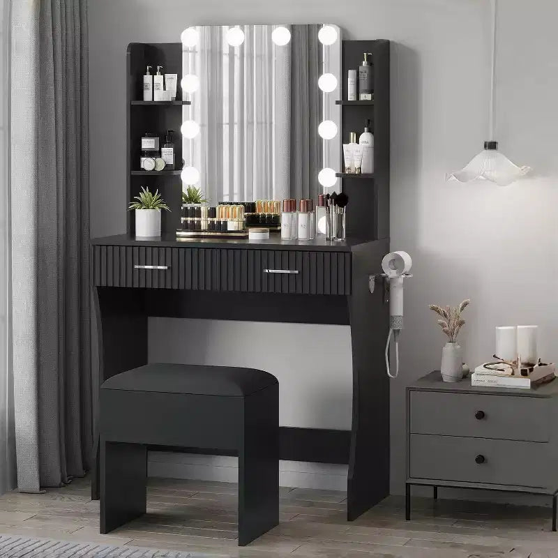 Makeup Vanity Desk with Mirror,Vanity Table with Power Outlet, 2 Drawers 6 Shelves, Hair Dryer Holder,Stool, Dressing Table with Storage for Bedroom