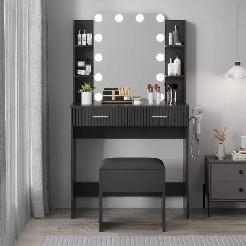 Makeup Vanity Desk with Mirror,Vanity Table with Power Outlet, 2 Drawers 6 Shelves, Hair Dryer Holder,Stool, Dressing Table with Storage for Bedroom