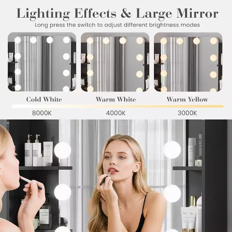 Makeup Vanity Desk with Mirror,Vanity Table with Power Outlet, 2 Drawers 6 Shelves, Hair Dryer Holder,Stool, Dressing Table with Storage for Bedroom