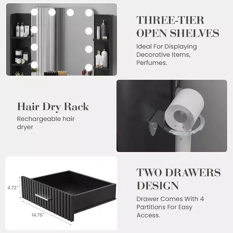 Makeup Vanity Desk with Mirror,Vanity Table with Power Outlet, 2 Drawers 6 Shelves, Hair Dryer Holder,Stool, Dressing Table with Storage for Bedroom
