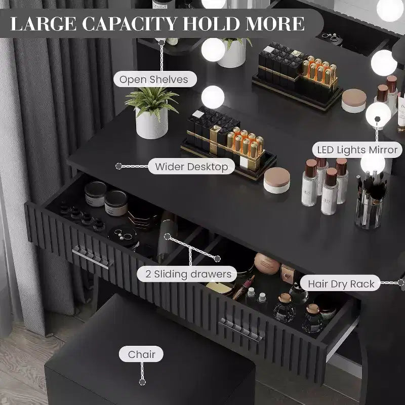 Makeup Vanity Desk with Mirror,Vanity Table with Power Outlet, 2 Drawers 6 Shelves, Hair Dryer Holder,Stool, Dressing Table with Storage for Bedroom