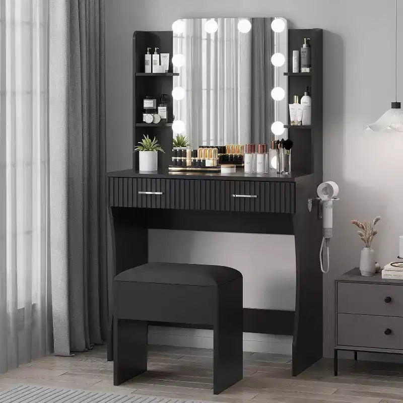 Makeup Vanity Desk with Mirror,Vanity Table with Power Outlet, 2 Drawers 6 Shelves, Hair Dryer Holder,Stool, Dressing Table with Storage for Bedroom