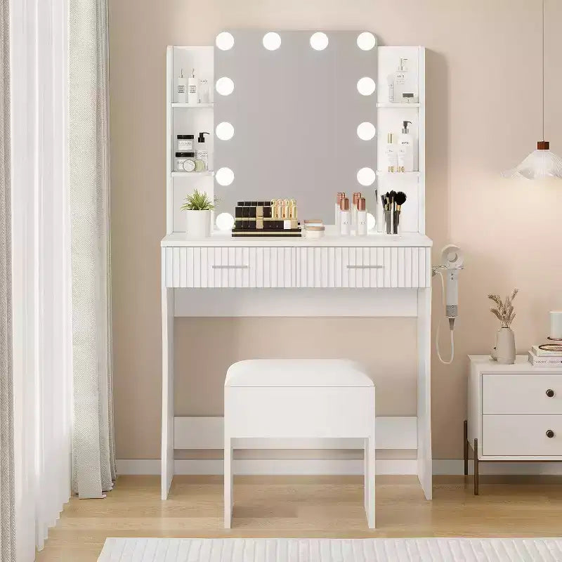 Makeup Vanity Desk with Mirror,Vanity Table with Power Outlet, 2 Drawers 6 Shelves, Hair Dryer Holder,Stool, Dressing Table with Storage for Bedroom