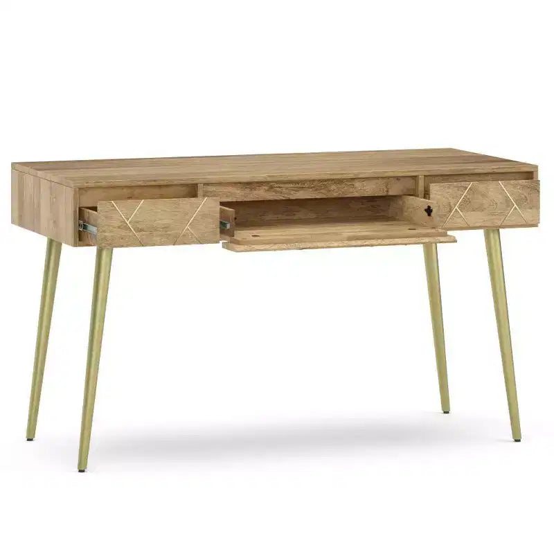 WyndenHall Bissell Desk Natural: Mid-Century Modern Style, Mango Wood & Metal Frame, File Cabinet Included